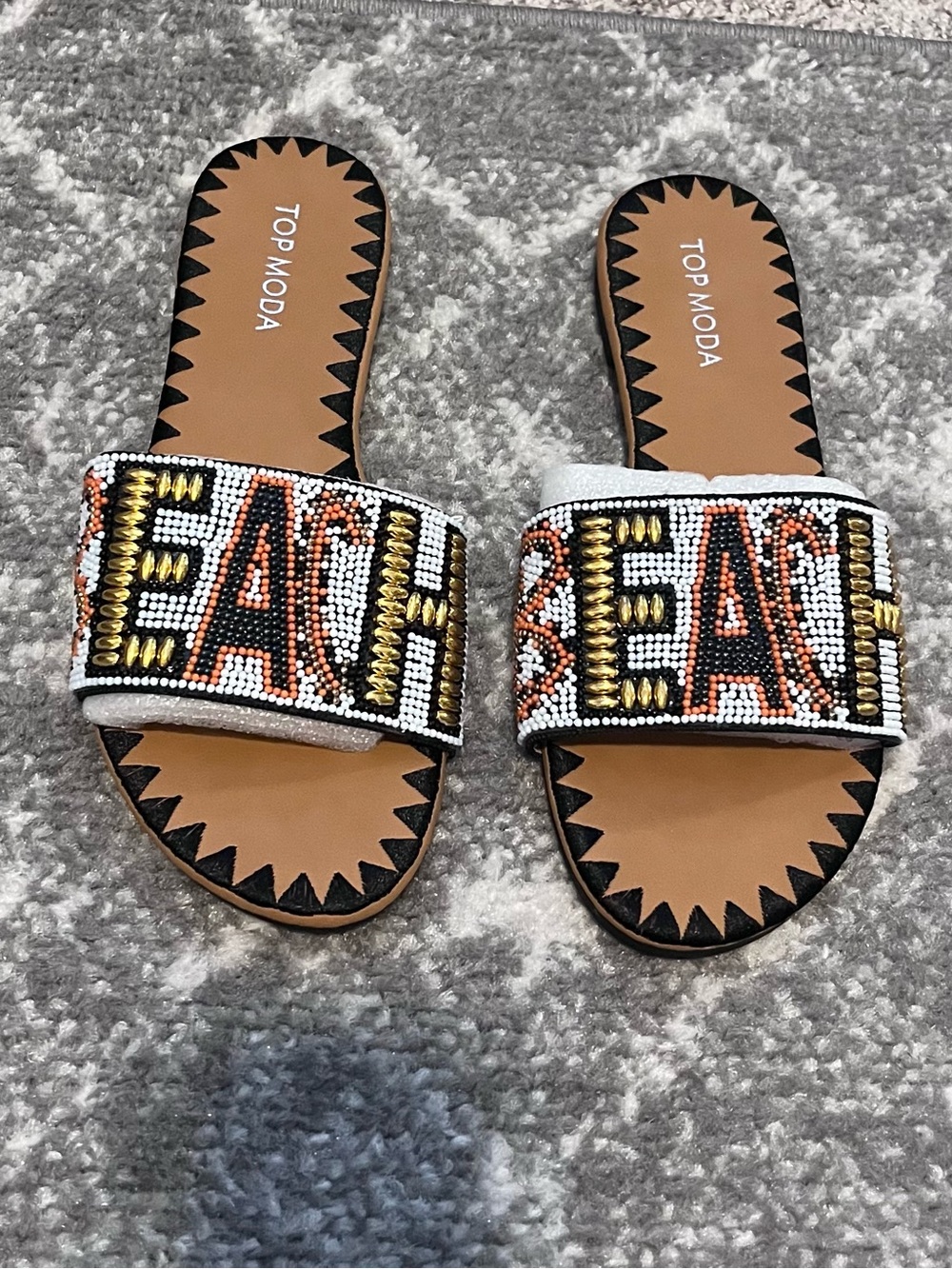 TOP Moda White Beaded Slide Sandals with Gold and Orange Accents
